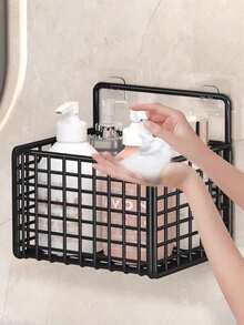 Drill-Free Iron Bathroom Storage Rack, Wall-Mounted Storage Basket, Multi-Functional Storage Shelf For Bathroom And Kitchen, Black Mesh Drill-Free, Black Mesh Drill-Free - A - View 5
