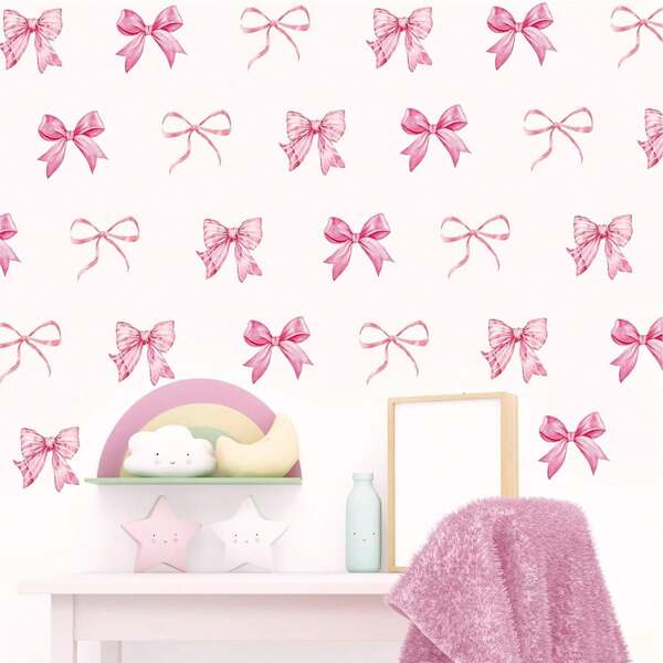 Gentle Pink Bow Wall Decal, Watercolor Hand-Drawn Style Self-Adhesive Wall Decor, Girly Bedroom Princess Room Makeover Sticker, Waterproof Removable Non-Damaging Wall Decoration, Hot Selling
