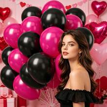Black And Red Party Balloon Set, Includes 50pcs 10-Inch New Magenta And Matte Black Latex Balloons, Randomly Matched Ribbons For Customizable Combinations, Perfect For Birthday, Theme Party, Shower, Wedding, Valentine's Day, Proposal Engagement, Anniversary, Prom, Gender Reveal Decoration And Other Important Holiday Indoor/Outdoor Photography Props And Decor - Black and Red - View 5