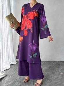 2pcs Women's Set, Purple Placement Print Crafted V-Neck Pullover Top + Elastic Waist Skirt, Elegant Luxury Arabic Style Outfit Fall - Purple - View 7