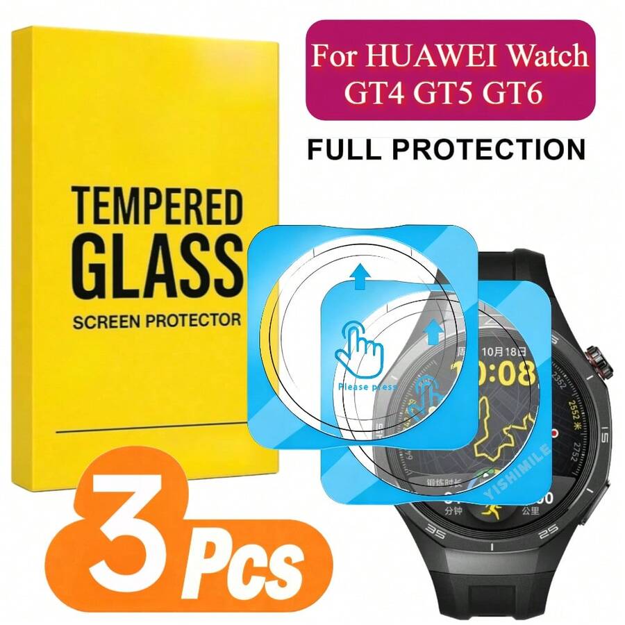 3片裝強化玻璃螢幕保護貼組，相容於華為手錶GT4、GT5、GT6 (46mm與41mm)。具備防刮、9H+硬度與精準貼合。 - 3pcs,透明色For GT4 46mm - 查看 1