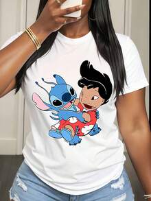 Disney Lilo And Stitch Character Print T Shirt Women Casual Summer Fashion Streetwear Style Top For Everyday Wear And Outings - 白色 - 查看 1