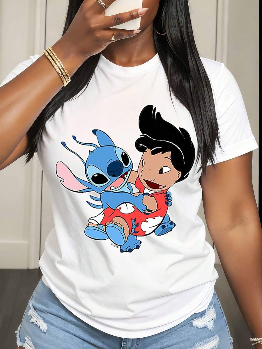 Disney Lilo And Stitch Character Print T Shirt Women Casual Summer Fashion Streetwear Style Top For Everyday Wear And Outings - 白色 - 查看 1