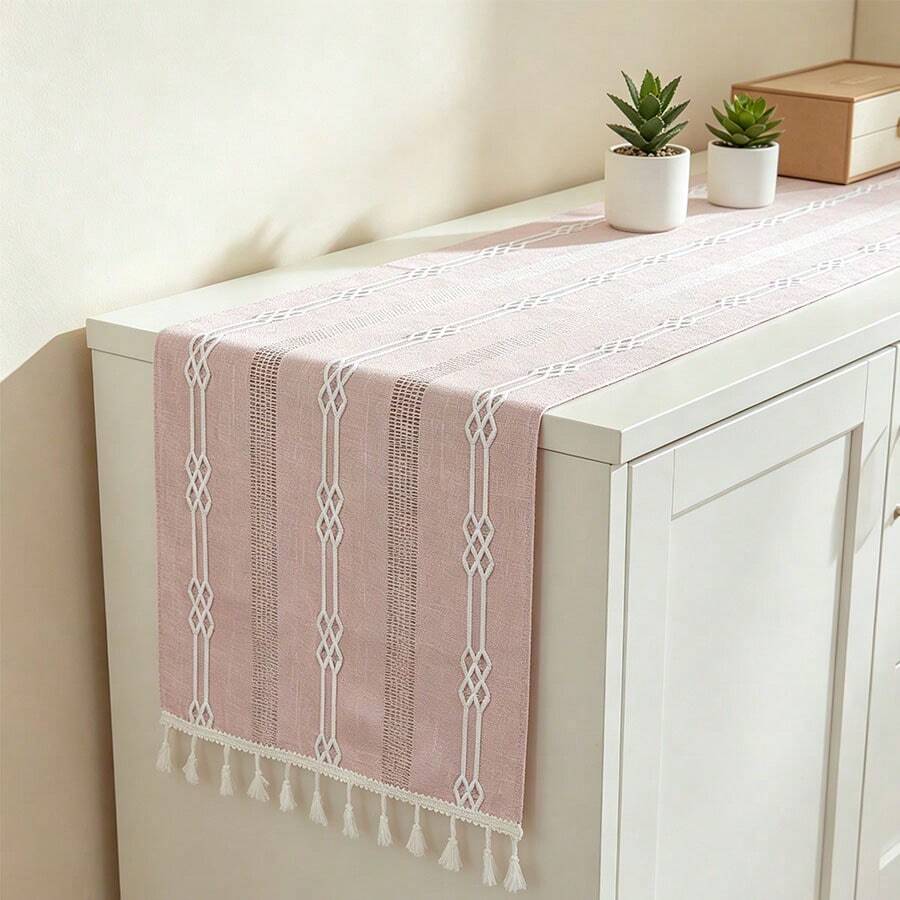 Boho Table Runner, Rectangular Farmhouse Decoration,Vintage Tassel Textured Table Runner,Multipurpose Decor Scarf For Dinner Table, Sideboard And Indoor Holiday Party,All Season Decor For Boho Dining Room, Tea Party And Cabinet Top. - Type B - View 1