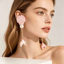 1 Pair Original Fresh Ocean Vacation Style Shell & Pearl Mermaid Earrings, Light Airy Ins Girl Style Shell & Pearl Earrings, Suitable For Vacation, Beach, Party, Wedding Gift And Daily Wear - Pink - View 3