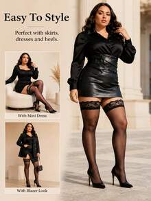 1 Pair Women's Lace Trim Ultra Thin Thigh High Stockings, High Stretch Over The Knee Socks For Daily Wear & Nightclub - Black - View 8