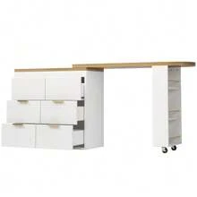 Bar Table/High Table With 6 Drawers, Kitchen Sideboard/Display Cabinet With Anti-Tip Device, 360° Swivel Multifunctional Table That Can Be Used As A Dining Table, Bar Or Desk For The Living Room, Kitchen Or Restaurant. - 白色 - 查看 9
