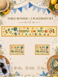 1pc-Back To School Table Runner And Placemats Set, Yellow Alphabet School Supplies Print Dining Decor, Farmhouse Kitchen Table Mats For Fall Classroom Party Home Decoration - Multicolor - View 12