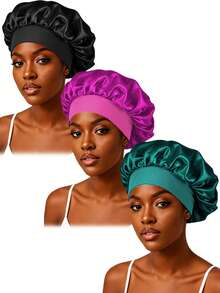 CONFLASS 3pcs Satin Wide Brim Sleep Cap/Hair Cover For Women, Assorted Colors, Suitable For Daily Use,Beach,Travel - Multicolor - View 18