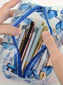 1pc Cute Crystal Clear Cosmetic Bags, Travel Toiletry Clear Makeup Bags, Portable Makeup Brushes Kit Storage Bag, Waterproof Cartoon Organization For Women Girls (Butterfly) - Blue - View 1