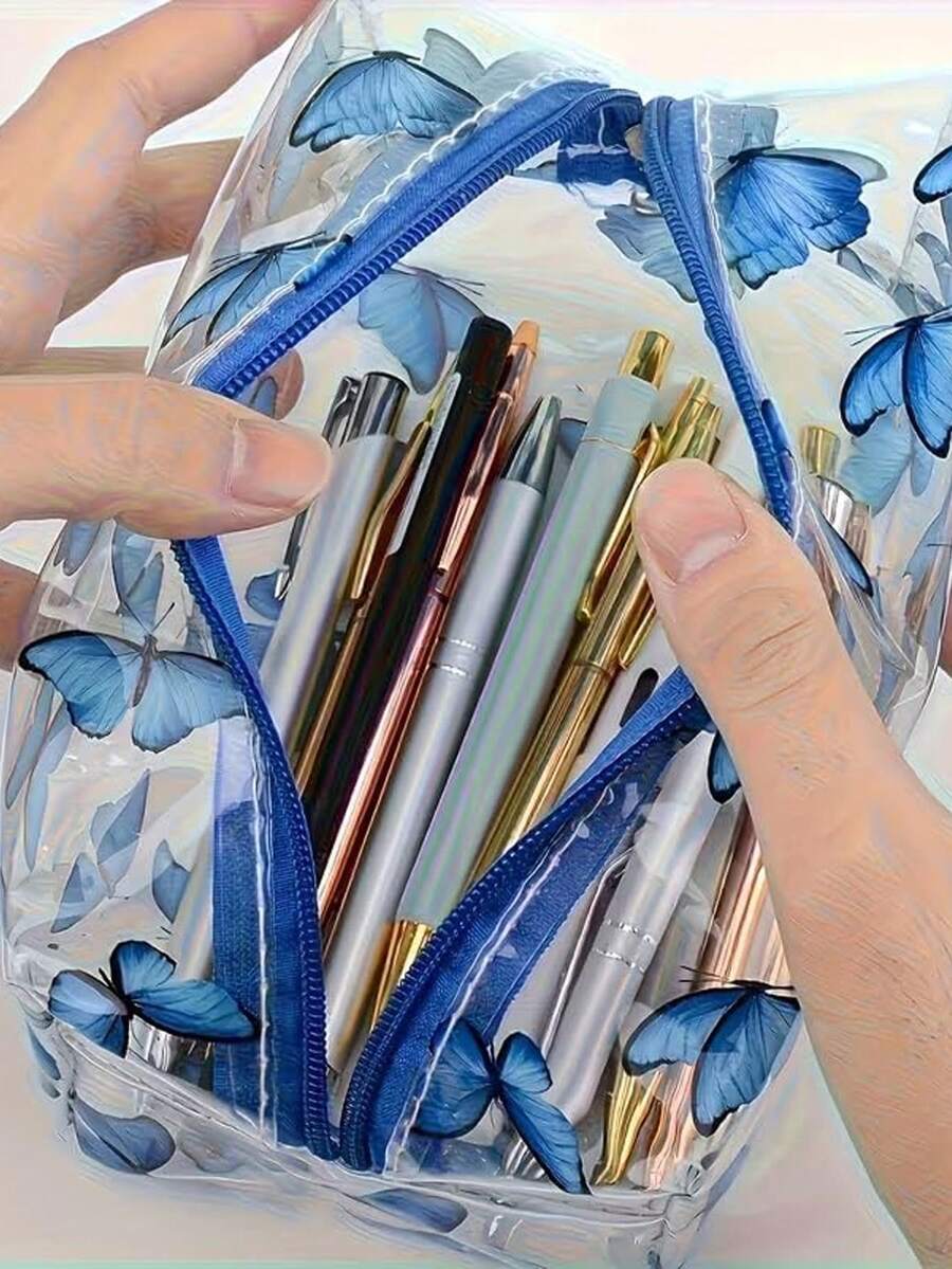 1pc Cute Crystal Clear Cosmetic Bags, Travel Toiletry Clear Makeup Bags, Portable Makeup Brushes Kit Storage Bag, Waterproof Cartoon Organization For Women Girls (Butterfly) - Blue - View 1