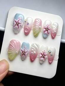 10pcs Medium Almond Mermaid Themed False Nails, 3D Shell & Flower Carved, Pink & Blue Ombre, Decorated With Pearls & Rhinestones, Full Coverage Reusable Nail Set, Suitable For Beach Vacation And Daily Wear - Multicolor - View 1