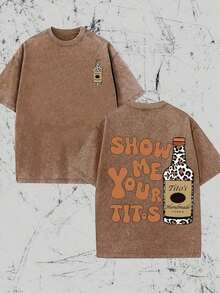 Men Tops Graphic Tee Vintage Style,  Vodka Enthusiast, Leopard Print Elements, SHOW ME YOU TITOS Humorous Text Memes, Washed Double-Sided - Coffee Brown - View 1