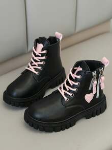 Black & Pink Colorblock Girls' Boots, Autumn/Winter New Heart Decor Side Zipper Non-Slip Thick Sole Soft Surface Kids' Work Boots, Sweet & Cool Style Fashion Versatile Daily Outing Boots - Black - View 1