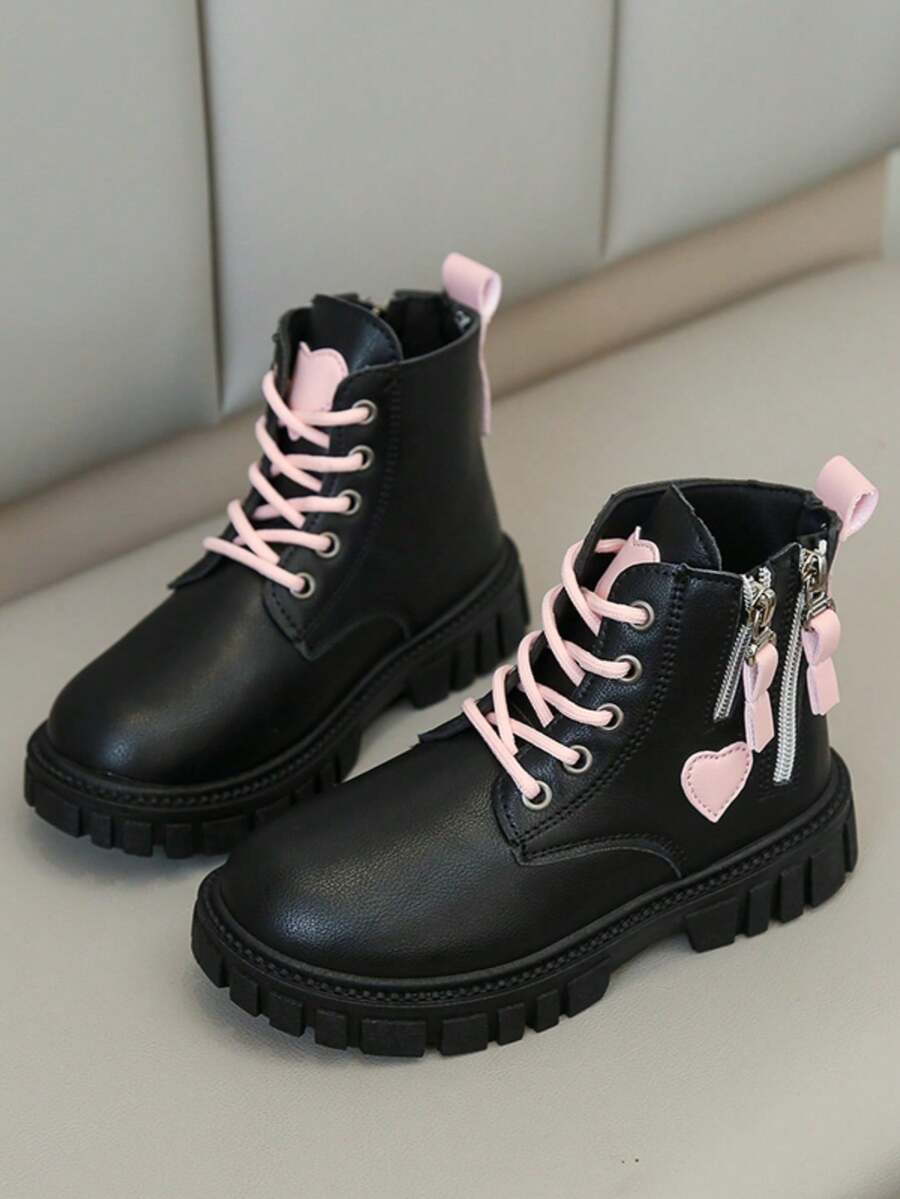 Black & Pink Colorblock Girls' Boots, Autumn/Winter New Heart Decor Side Zipper Non-Slip Thick Sole Soft Surface Kids' Work Boots, Sweet & Cool Style Fashion Versatile Daily Outing Boots - Black - View 1