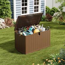 Caja de almacenamiento exterior de resina de 130 galones, impermeable y resistente a la intemperie, con tapa con cerradura, ideal para cojines de patio, herramientas de jardín y accesorios de piscina. - Marrón - Ver 1