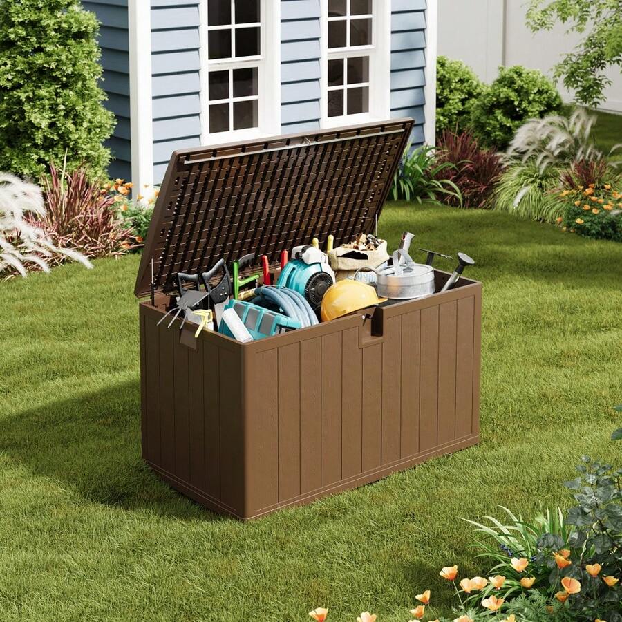 Caja de almacenamiento exterior de resina de 130 galones, impermeable y resistente a la intemperie, con tapa con cerradura, ideal para cojines de patio, herramientas de jardín y accesorios de piscina. - Marrón - Ver 1