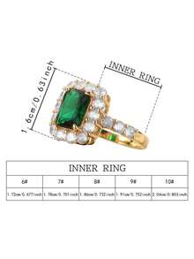 1pc Gold Emerald Gemstone Ring, Rectangular Cut Zirconia Main Stone With Full Diamond Pave Setting, Women's Elegant Statement Jewelry - Gold - View 6