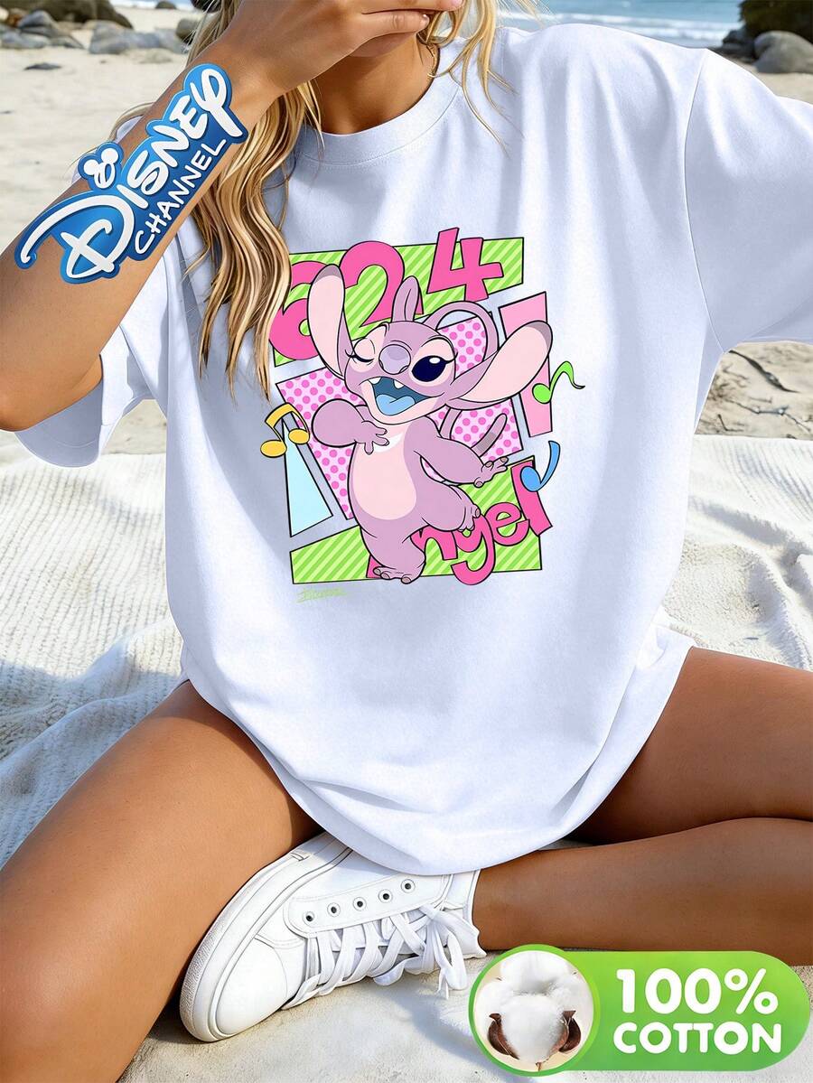 Disney Lilo & Stitch Angel 2024 Print Crew Neck Tee, Retro 90s Cartoon Character Casual Graphic Top - 白色 - 查看 1