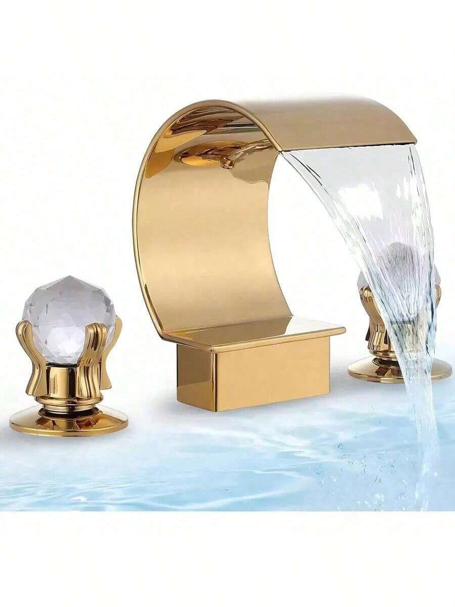 Washbasin, Bathroom Faucet, Waterfall Washbasin, Brass Worktop, Double Crystal Handle, Hot And Cold Water Mixer Tap (Gold) - All-copper Three-hole Basin Faucet - View 1