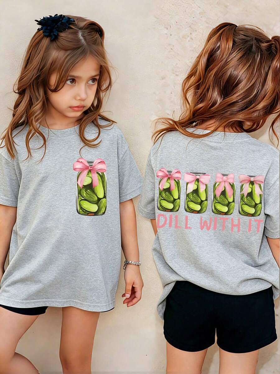 Kids Pickle Jar Bow Print Short-Sleeve Tee. 180g Soft, Breathable Fabric. Round Neck, All Seasons, Unisex For School, Casual Sports, Parties & Travel. - 淺灰色 - 查看 1