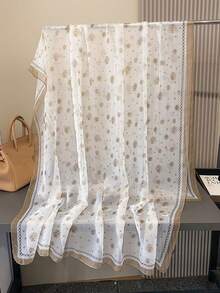 1pc Women's Simple Elegant Camellia Pattern Printed Chiffon Scarf, Suitable For Outdoor Activities, Casual Entertainment, Outerwear Sun Protection And Decorative Soft Gauze Shawl, Ideal Choice For Your Styling - Beige - View 3