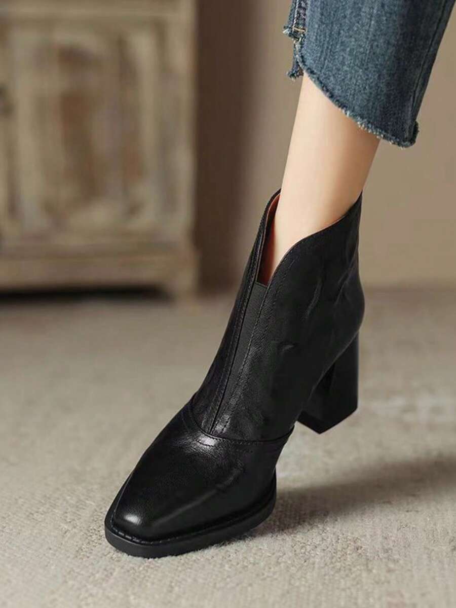 Women's Elegant Fashion Chunky Heel Leather Patchwork Pointed Toe Back Zipper Ankle Boots, Comfortable Height-Increasing Fashion Boots For Street, Outdoor, Commute - Black - View 1