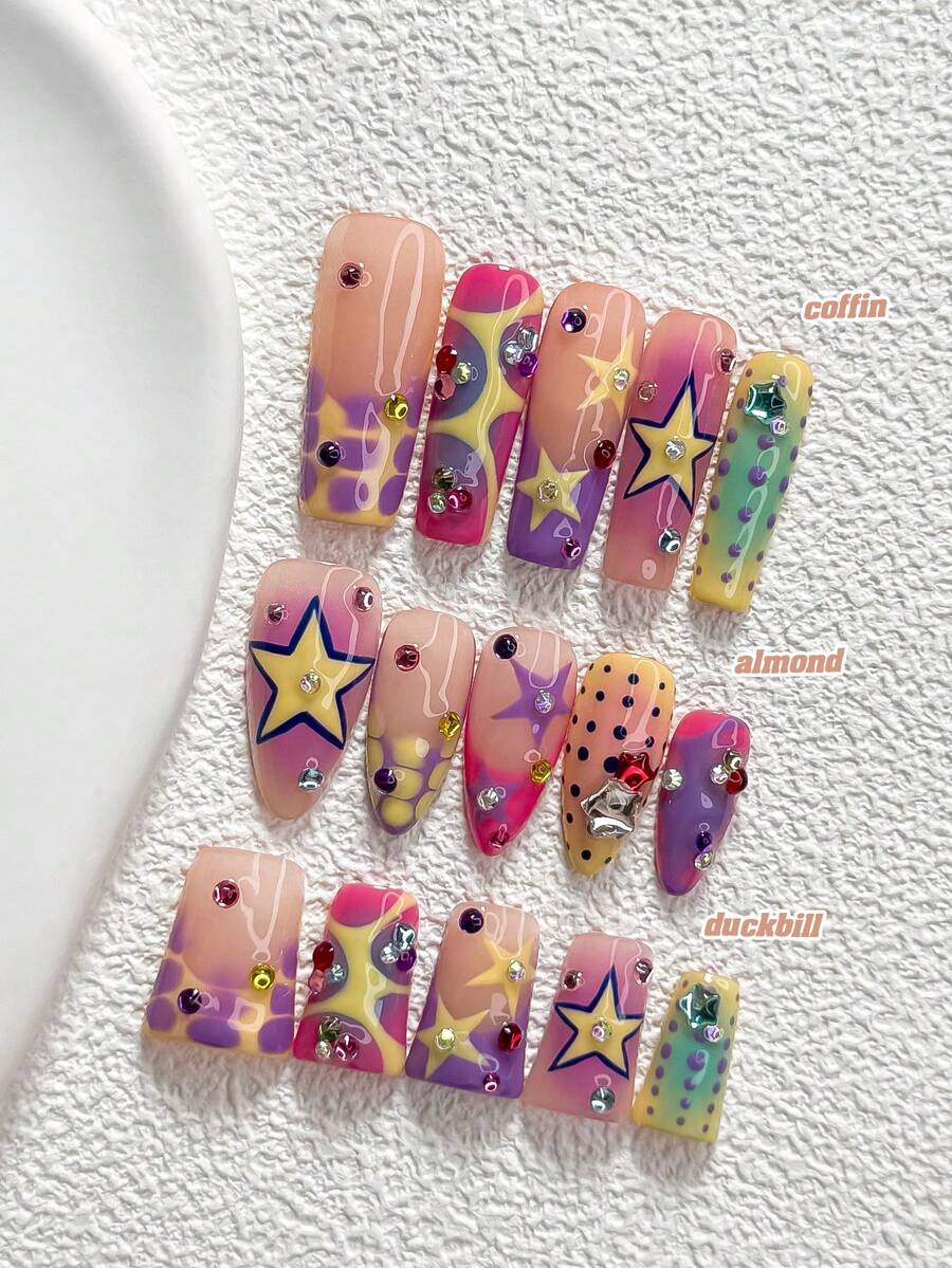 10Pcs Dopamine Y2K Style Handmade Press On Nail,Polygel Nail Set,Star, Yellow ,Purple And Pink Nail Polish,Macaron Style,Includes Nail Tools,3 Sizes Available,Almond Nails , Duck Nails,Coffin Nails For Party, Dance, Daily Wear. - 彩色 - 查看 1