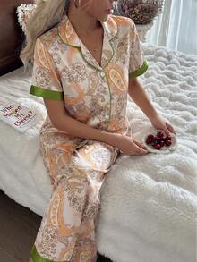 Setelan Piyama Wanita Kasual Motif Paisley & Bunga, Bahan Sutra Imitasi, Atasan Lengan Pendek Terbuka Depan + Celana Panjang, Pakaian Tidur Musim Gugur/Dingin, Hadiah Liburan Ideal - Aprikot - View 4