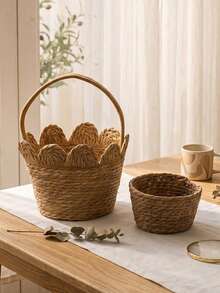 1pc Handwoven Seagrass Storage Basket, Kitchen Organizer Bin, Multipurpose Basket For Pantry, Countertop, Cabinet & Bedroom, Farmhouse Home Decor, Rustic Boho Woven Organizer For Closet, Living Room - View 2