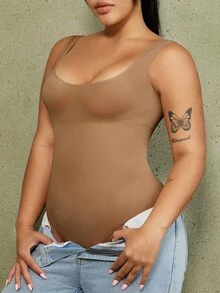 1件裝女款收腰塑身連身內衣，收腹提臀，大尺碼無縫塑身衣，PAUKEE - 卡其色 - 查看 4