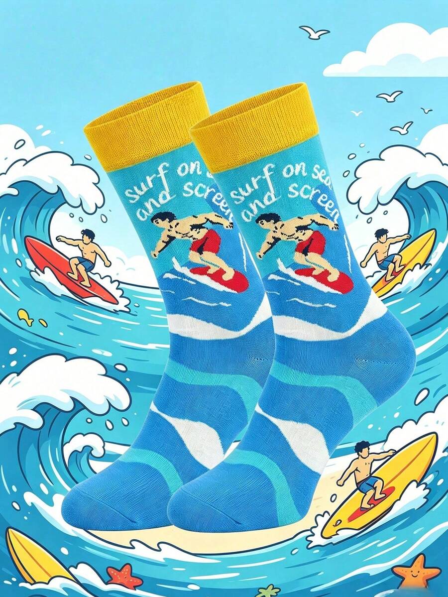 1雙創意衝浪圖案中筒襪,「Surf On Sea And Screen」趣味休閒四季款,衝浪愛好者完美禮物 - 彩色 - 查看 1