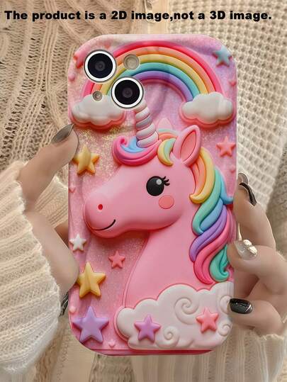 1pc Creative Pink Plush Cute Rainbow Unicorn Wavy Edge Protective Phone Case Compatible With Apple 7/8/X/XR/XSMAX/11/12/13/14/15/16/17 Promax, A14/A15/A16/A17/A04/A05/A06/A07/A54/A55/A56/A57/A34/A35A/36/A37/S26/S26Plus/S26Ultra, SMART 7/8/9/10