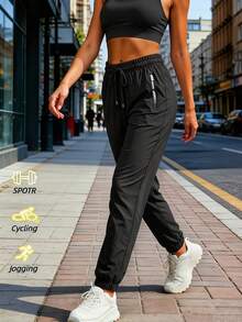 Women's Black High Elasticity Running Pants, Long Woven Fabric Sports Trousers With Drawstring And Side Zipper Pockets - Black - View 4