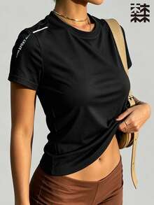 mulinsen 女款快乾網眼運動短袖上衣，極簡 SPORT 字母印花圓領修身健身 T-shirt - 黑色 - 查看 3