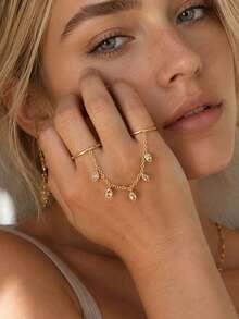 1pc European And American Fashion Water Drop Tassel Double Finger Connected Ring Chain, Creative Rhinestone Double Ring Connected Finger Ring Adjustable Open Ring Hand Jewelry - Gold - View 5
