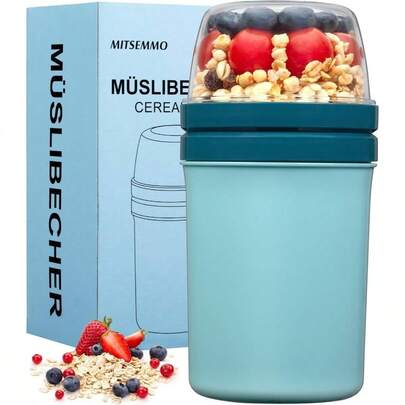 - Taza de aperitivos, reutilizable, con tapa, tazas y cucharas de yogur parfait, 600 ml+ 270 ml para desayuno sobre la marcha, tazn porttil para cereales de viaje y recipiente de leche