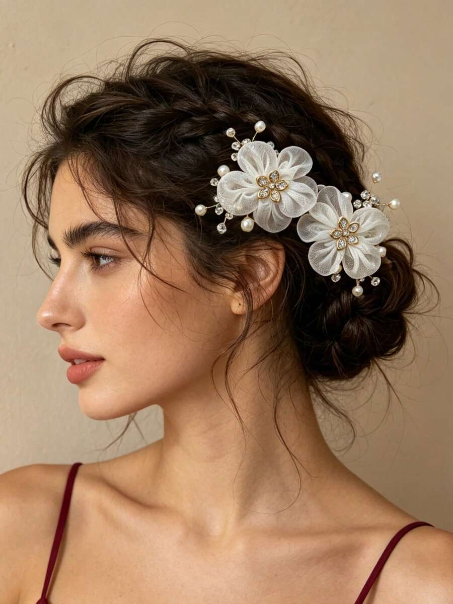 1 pieza Tocado nupcial, accesorio para el cabello de mujer con flores de seda 3D envueltas a mano, clip lateral elegante francés con perlas y strass, accesorio para peinado nupcial trenzado, adecuado para boda/fiesta de vacaciones/novia dama de honor, estilo para todas las estaciones, pinzas para el cabello - Multicolor - Ver 1