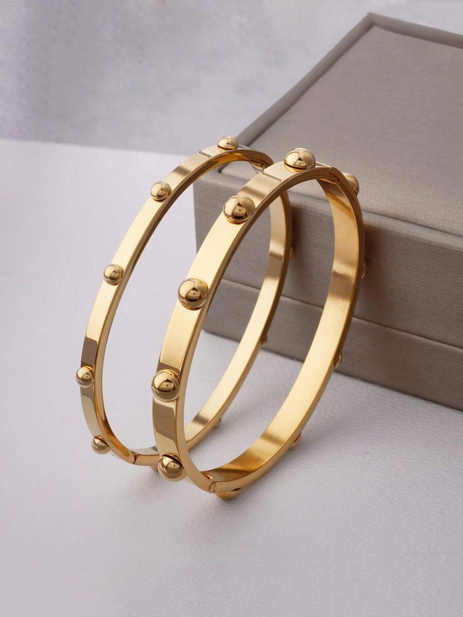 1pc Minimalist 18K Gold Plated Stainless Steel Bracelet With Semi-Circular Decor, Unisex Jewelry Accessory Suitable For Daily And Holiday Wear - Hemispherical Decoration - View 1