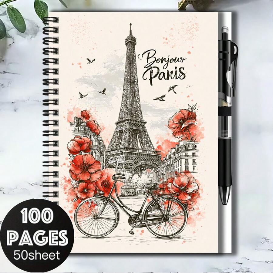 1 Set French Vintage Style 2D Cover Spiral Coil Notebook, Exquisitely Featuring Eiffel Tower And Vibrant Floral Patterns, Paired With Matching Style Pen. Suitable For Back To School, Work Records, Graduation Gifts, Birthday Gifts, Journaling, Daily Planning, And Memo Pads, A Practical And Unique Choice. - F - View 1