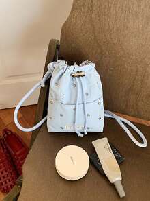 Summer Cute Dreamy Black Drawstring Phone Bag Crossbody Bag Coin Purse Sports Casual College Student Middle School Student Girl Travel Essential Outing Carry-On Bag - Baby Blue - View 5