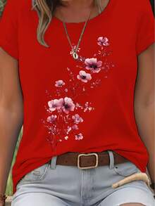 Elegant Watercolor Floral Print T-Shirt + Short Sleeves + Round Neck + Casual Spring And Summer Clothing For Women - 紅色 - 查看 1