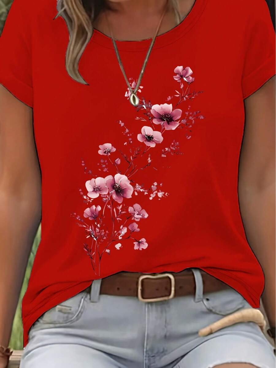 Elegant Watercolor Floral Print T-Shirt + Short Sleeves + Round Neck + Casual Spring And Summer Clothing For Women - 紅色 - 查看 1
