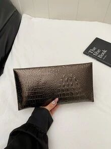 時尚純色高級質感女款晚宴手拿包，新款鱷魚紋休閒優雅百搭手拿包錢包 - 咖啡棕 - 查看 7