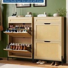 Slim Wooden Shoe Cabinet For Entryway  Rattan & Linen Panels,Adjustable Shelves - Wood Color - View 6