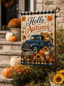 1 pieza Bandera de jardín vintage de camión Hello Autumn, lino rústico vertical azul con camioneta, calabaza, girasol, hoja de arce y borde a cuadros, pancarta de bienvenida para exterior, césped, porche y decoración de granja, adecuada para la cosecha de otoño, Acción de Gracias y entrada de granja - Multicolor 2 - Ver 8