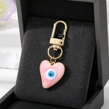 1個彩色惡魔之眼心形鑰匙圈，金色調金屬搭配旋渦琺瑯，可愛護身符吊墜，適合學生 - 彩色 - 查看 5