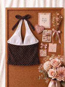 New Summer Fresh Sweet Cute Style Brown And White Polka Dot Color Block Halter Neck Bikini Set With Shorts For Beach Vacation And Casual Wear - Multicolor - View 4