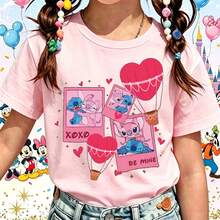 Camiseta Disney 100% algodón puro de manga corta rosa, estilo Disney adorable, camiseta para mujer, Stitch y Lilo con corazones y motivo "Be Mine", Día de San Valentín, para niñas y mujeres, regalo para niños y fans de Disney - Rosa - Ver 3