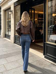 Women's Simple Solid Color Short Jacket With Zipper For Everyday Wear - Coffee Brown - View 6